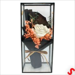 PVC Kutulu Beyaz Lüks Güllü Kuru Çiçek Buketi,26cmx12cm