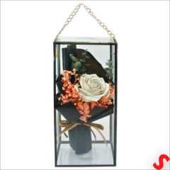 PVC Kutulu Beyaz Lüks Güllü Kuru Çiçek Buketi,26cmx12cm