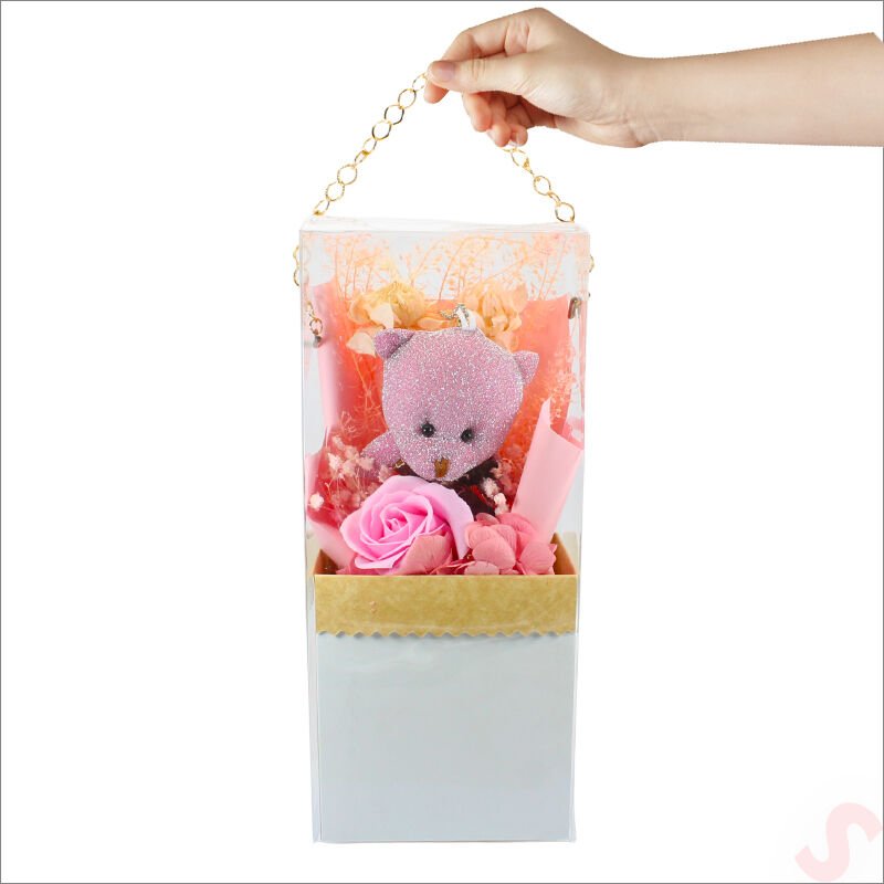 PVC Kutulu,Pelüş Ayıcık ve Pembe Güllü Kuru Çiçek Buketi 26cmx11cm