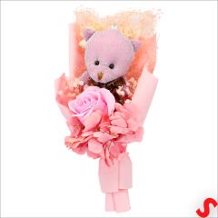 PVC Kutulu,Pelüş Ayıcık ve Pembe Güllü Kuru Çiçek Buketi 26cmx11cm