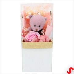 PVC Kutulu,Pelüş Ayıcık ve Pembe Güllü Kuru Çiçek Buketi 26cmx11cm