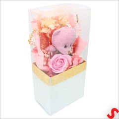 PVC Kutulu,Pelüş Ayıcık ve Pembe Güllü Kuru Çiçek Buketi 26cmx11cm