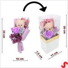 PVC Kutulu,Pelüş Ayıcık ve Mor Güllü Kuru Çiçek Buketi 26cmx11cm