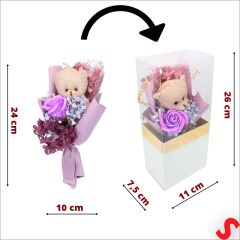 PVC Kutulu,Pelüş Ayıcık ve Mor Güllü Kuru Çiçek Buketi 26cmx11cm