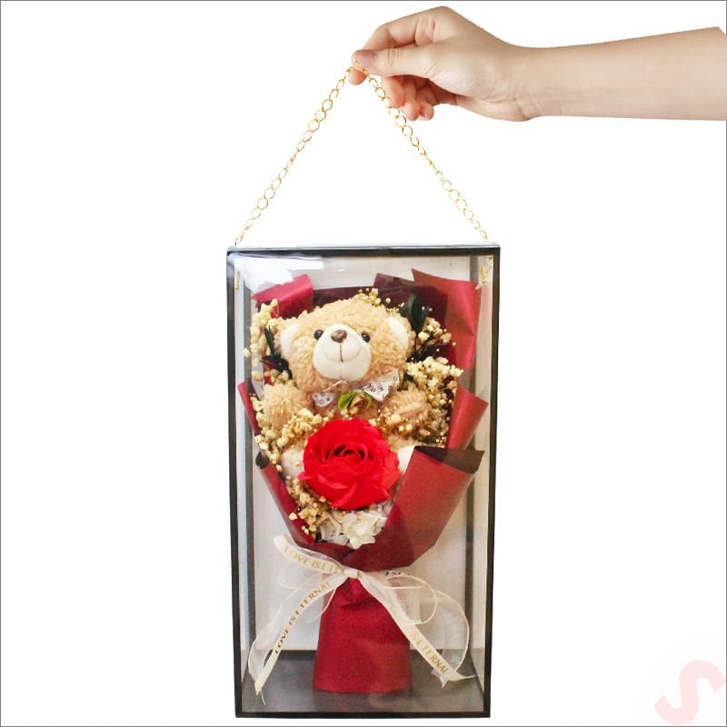 PVC Kutulu,Pelüş Ayıcık ve Kırmızı Güllü Kuru Çiçek Buketi 32cmx18cm