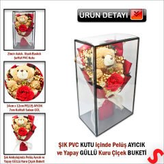 PVC Kutulu,Pelüş Ayıcık ve Kırmızı Güllü Kuru Çiçek Buketi 32cmx18cm