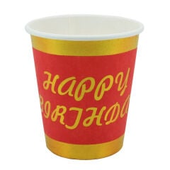 Varak Baskılı, Happy Birthday Karton Bardak, Kırmızı - 8 Adet