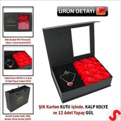 12 Adet Yapay Gül ve Kalp Kolyeli, Çantalı Kutu Seti, Siyah