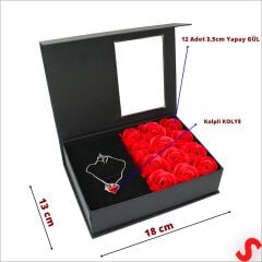 12 Adet Yapay Gül ve Kalp Kolyeli, Çantalı Kutu Seti, Siyah