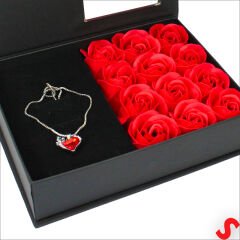 12 Adet Yapay Gül ve Kalp Kolyeli, Çantalı Kutu Seti, Siyah