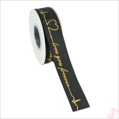 Grogren Kurdele Love You Altın Baskılı, 2,5cm x 23mt - Siyah