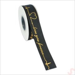Grogren Kurdele Love You Altın Baskılı, 2,5cm x 23mt - Siyah