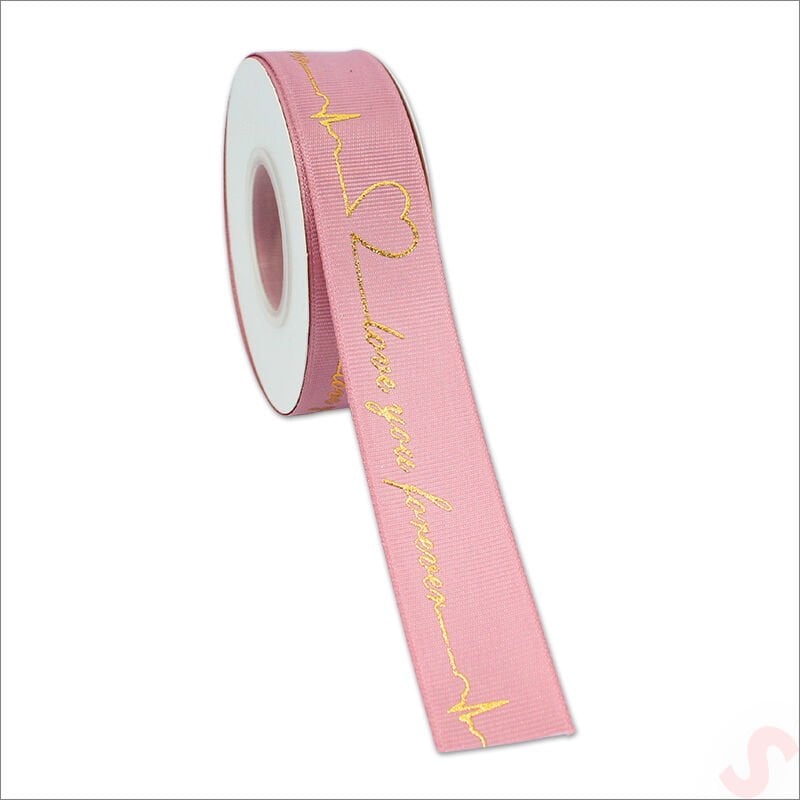 Grogren Kurdele Love You Altın Baskılı, 2,5cm x 23mt - Pembe
