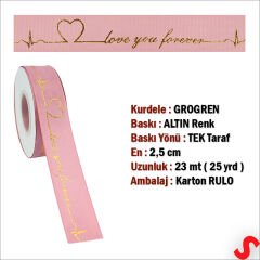 Grogren Kurdele Love You Altın Baskılı, 2,5cm x 23mt - Pembe