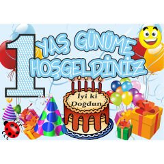 1 Yaş Günüme Hoşgeldiniz Afiş, 70cm x 50cm - Mavi