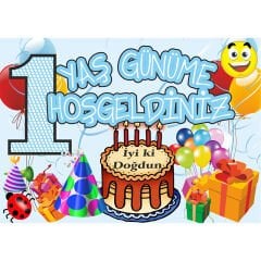 1 Yaş Günüme Hoşgeldiniz Afiş, 70cm x 50cm - Mavi