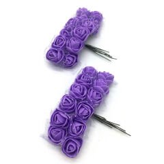 Yapay Çiçek, 12 Adetli Tüllü Lateks Gül Demeti - 8 cm, Mor