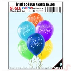 İyi ki Doğdun Çok Renkli Pastel Balon, 30cm x 8 Adet