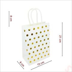 Altın Puanlı Beyaz Karton Çanta, 21 x 15 x 8 cm - 12 Adet