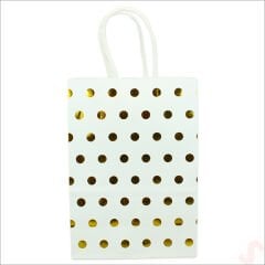 Altın Puanlı Beyaz Karton Çanta, 21 x 15 x 8 cm - 12 Adet