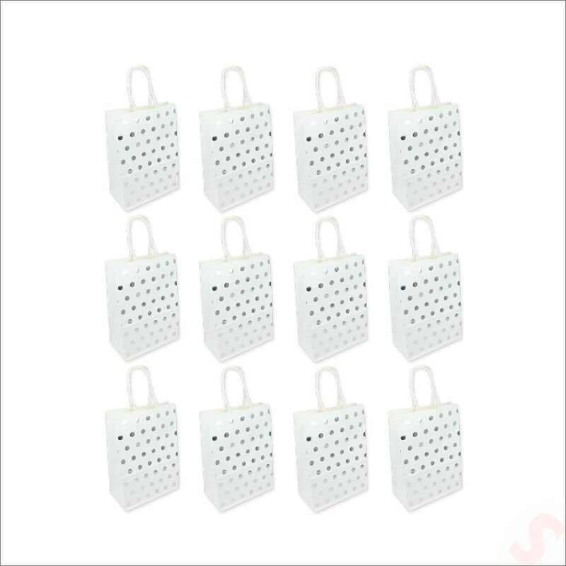 Gümüş Puanlı Beyaz Karton Çanta, 21 x 15 x 8 cm - 12 Adet