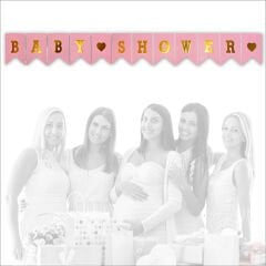 Baby Shower Altın Baskılı Bayrak Flama, 2 mt - Pembe
