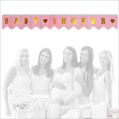 Baby Shower Altın Baskılı Bayrak Flama, 2 mt - Pembe
