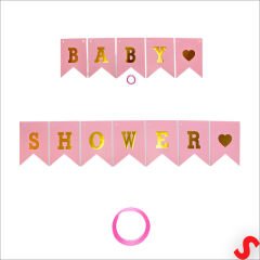 Baby Shower Altın Baskılı Bayrak Flama, 2 mt - Pembe