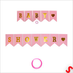 Baby Shower Altın Baskılı Bayrak Flama, 2 mt - Pembe