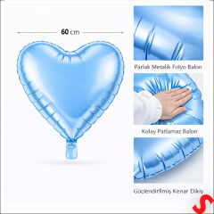 Kalp Folyo Balon, 60cm - Mavi