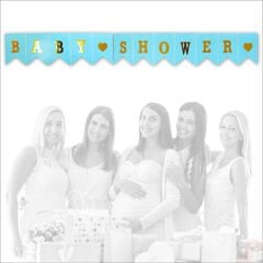 Baby Shower Altın Baskılı Bayrak Flama, 2 mt - Mavi