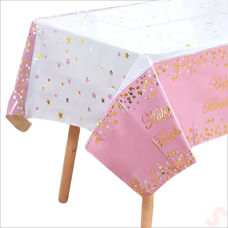 Happy Birthday Altın Baskılı Masa Örtüsü, 137cm x 183cm - Pembe