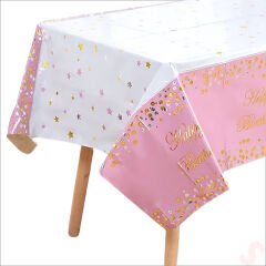 Happy Birthday Altın Baskılı Masa Örtüsü, 137cm x 183cm - Pembe