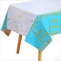 Happy Birthday Altın Baskılı Masa Örtüsü, 137cm x 183cm - Mavi