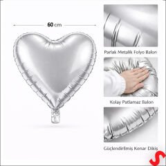 Kalp Folyo Balon, 60cm - Gümüş