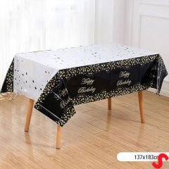 Happy Birthday Altın Baskılı Masa Örtüsü, 137cm x 183cm - Siyah