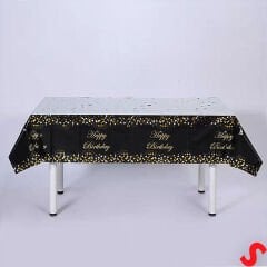 Happy Birthday Altın Baskılı Masa Örtüsü, 137cm x 183cm - Siyah