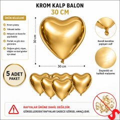 Kalp Krom Balon, Altın - 30 cm x 5 Adet