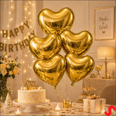 Kalp Krom Balon, Altın - 30 cm x 5 Adet
