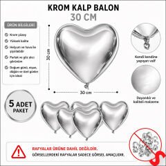 Kalp Krom Balon, Gümüş - 30 cm x 5 Adet