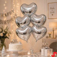 Kalp Krom Balon, Gümüş - 30 cm x 5 Adet