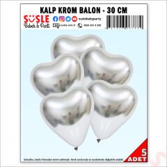 Kalp Krom Balon, Gümüş - 30 cm x 5 Adet