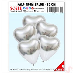 Kalp Krom Balon, Gümüş - 30 cm x 5 Adet