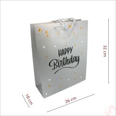 Happy Birthday Gümüş Karton Çanta, 32 x 26 x 10 cm - 1 Adet