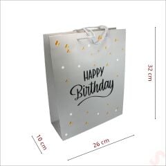 Happy Birthday Gümüş Karton Çanta, 32 x 26 x 10 cm - 1 Adet