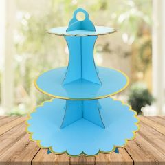 CupCake Standı, 3 Katlı, Metalik Altın Çerçeveli, Mavi