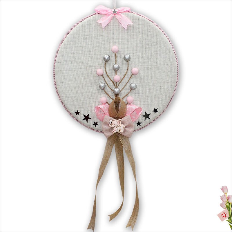 Fil Temalı Ahşap Pano 35cm Kapı Süsü - Pembe