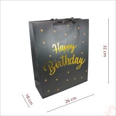 Happy Birthday Siyah Karton Çanta, 32 x 26 x 10 cm - 12 Adet