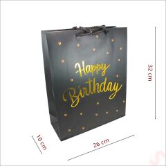 Happy Birthday Siyah Karton Çanta, 32 x 26 x 10 cm - 12 Adet