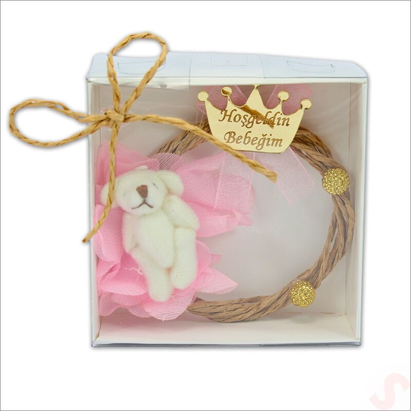 Kutulu ve Ayıcıklı Hoşgeldin Bebeğim 7cm Pano - Pembe, 1 Adet
